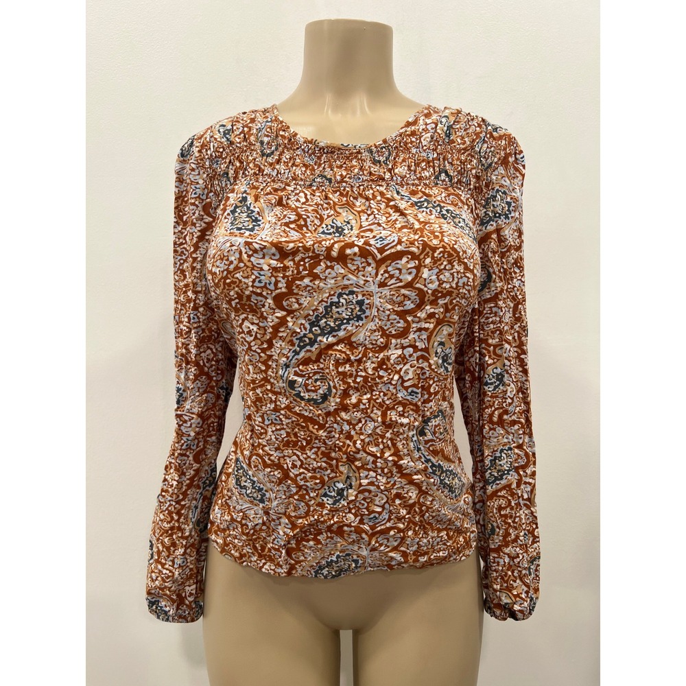 LOFT Blouse Womens Medium Rust Orange Paisley Smocked Long Sleeve Blouse Office